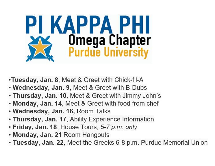 Come out to Rush! All events are held from 6-8 p.m. at 330 North Grant Street