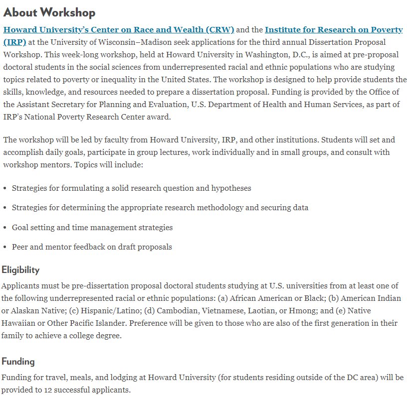 Poverty Research IRP (@irp_uw) on Twitter photo IRP & <a href="/RaceandWealth/">Howard University</a> seek applications from preproposal phd students from underrepresented groups for the 3rd annual Dissertation Proposal Workshop at Howard Univ., May 19-25.
Applications due on 2/1, 2019.
irp.wisc.edu/2019-dissertat… IRP & <a href="/RaceandWealth/">Howard University</a> seek applications from preproposal phd students from underrepresented groups for the 3rd annual Dissertation Proposal Workshop at Howard Univ., May 19-25.
Applications due on 2/1, 2019.
irp.wisc.edu/2019-dissertat…