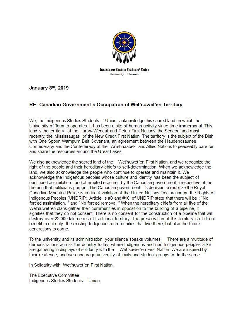 We stand in solidarity with Wet'suwet'en First Nation and #UnistotenCamp, and we encourage <a href="/UofT/">University of Toronto</a> to do the same. #Wetsuwetenstrong