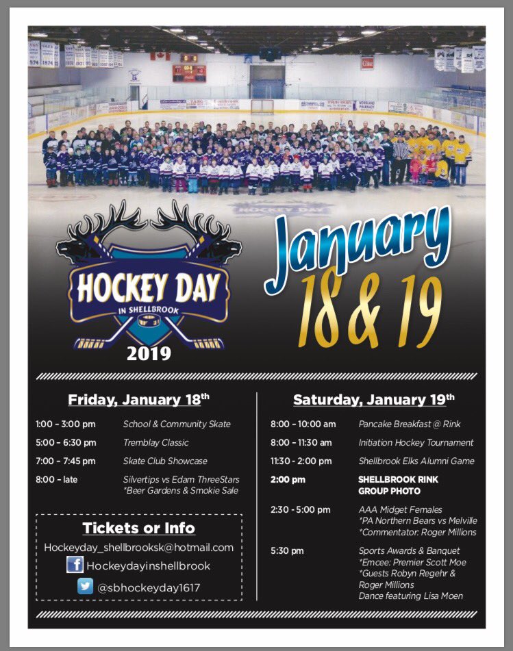 SBHockeyDay1617's tweet image. Get your tickets for the Sports Awards Banquet January 19th with Robyn Regehr, Roger Millions and Scott Moe! Dance with Lisa Moen to follow!
Check out some of the earlier events in the day on Saturday. Pancake Breakfast, IP games, Street Hockey, Elks Alumni  and AAA Midget female