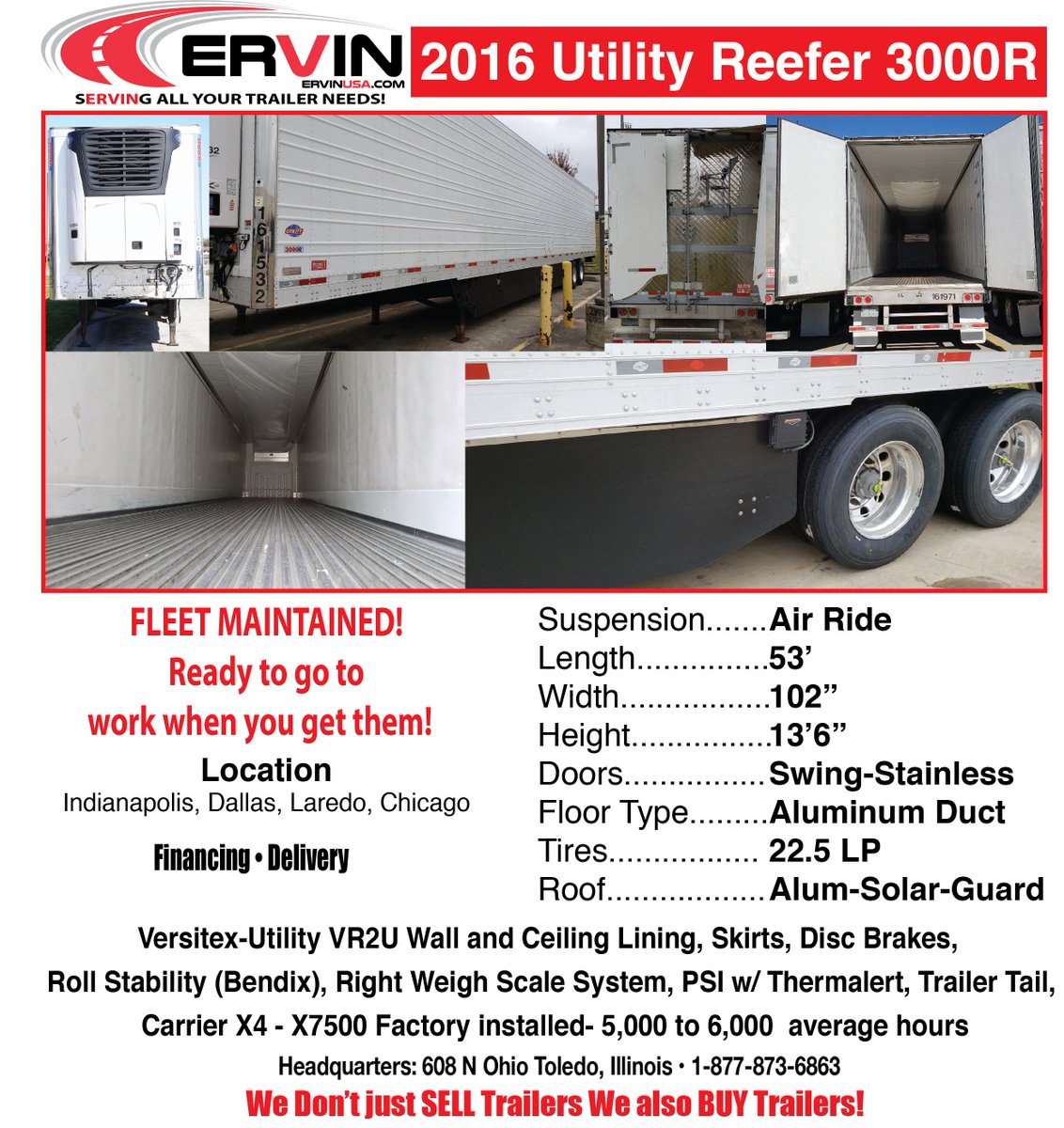 ErvinEquipment's tweet photo. We have a large group of 2016 Utility 300R Reefers ready to go to work. These are fleet maintained to factory standards. Give us a call today at 877-873-6863 to find out more. #Ervin #Ervinequipment #Reefers https://t.co/xJz2kd9Pp3