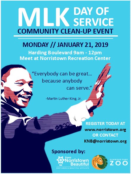 NorristownGov's tweet image. Looking for a way to give back on MLK Jr. #Dayofservice, team up with Keep Norristown Beautiful on Jan. 21st