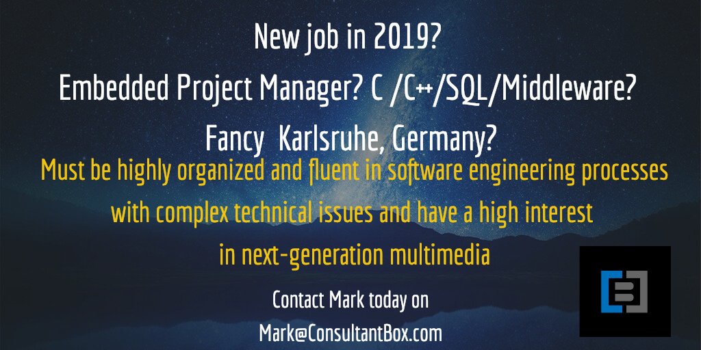 New #job in 2019? #Embedded #ProjectManager? Must be highly organized and fluent in software engineering processes with complex technical issues and have a high interest in next-generation multimedia and to be able to work in Karlsruhe, Germany. Interested? Get in touch today!