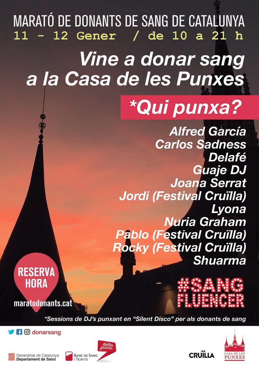 Este fin de semana estaré pinchando (música) en la #MaratoDonantsCAT de <a href="/donarsang/">Banc de Sang</a> BCN Una sesión de SilentDisco exclusiva para los donantes de sangre, en @casadelespunxes. También andarán mis compis <a href="/lyona_ivanova/">Lyona</a> <a href="/alfredgarcia/">alfredgarcia</a>  entre otros! maratodonants.cat #sangfluencer