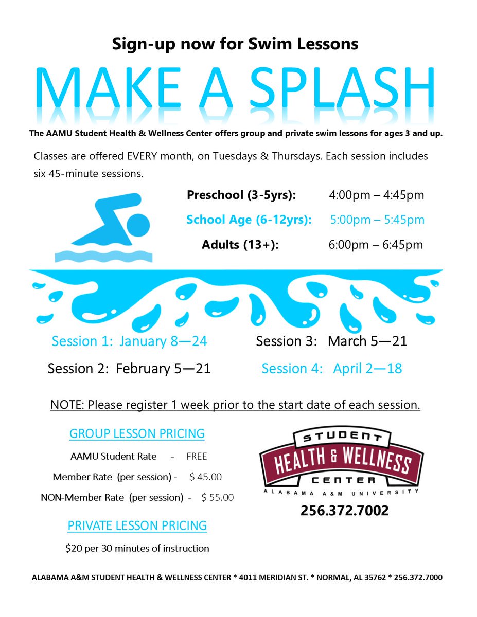 AAMU_Alumni's tweet image. AAMU Student Health and Wellness Center offering Swim Lessons. 

Make a splash! Sign up TODAY for swim lessons at the #aamu #shwc !