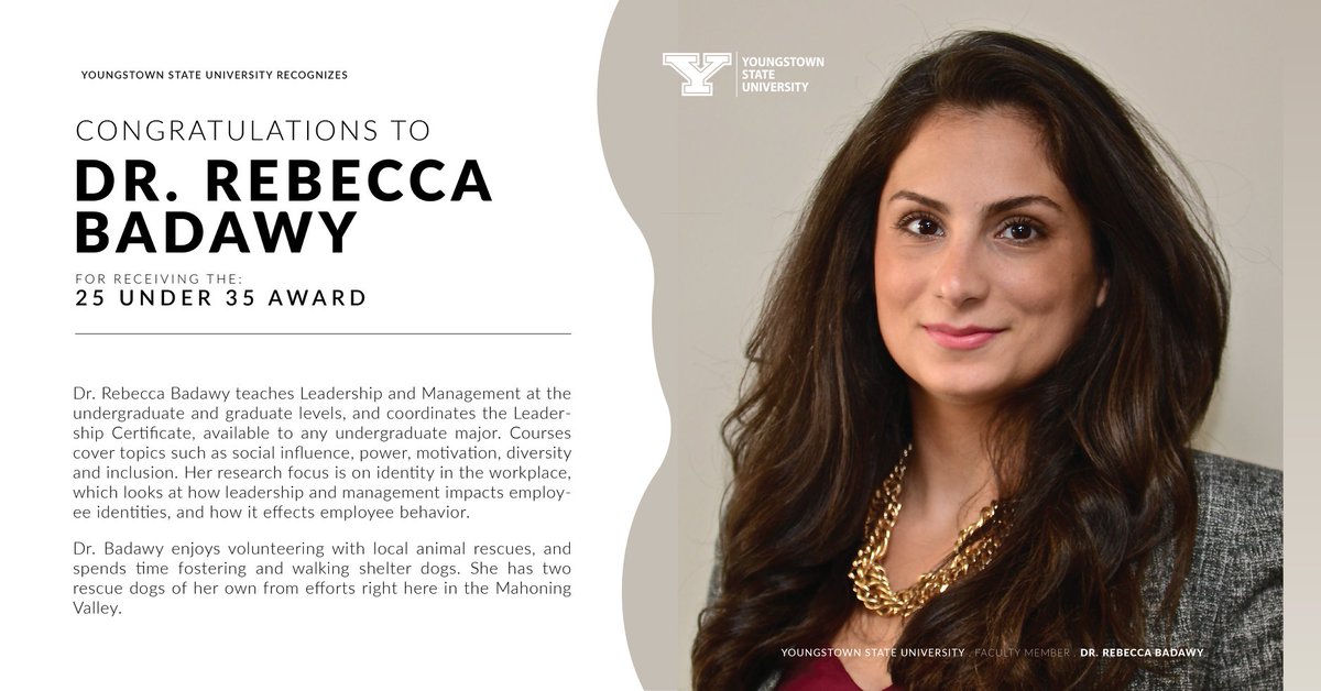 Congratulations to our very own Dr. Rebecca Badawy for being named one of the 25 Under 35 nominees by Mahoning Valley Young-Professionals! We are proud to have such dedicated, successful professors who instruct our students and contribute to their fields #YandProud
