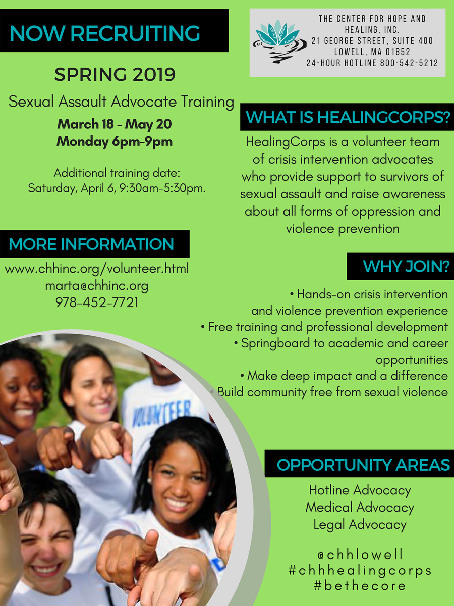 Are you looking to support survivors of sexual violence in your community? Become a volunteer advocate with CHH! Our next training begins in March. Email Marta at marta@chhinc.org for more information. #volunteer #healingcorps #believesurvivors