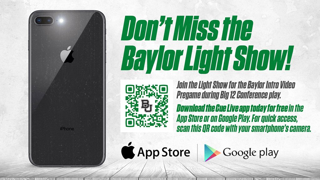 Step☝️- download the free CUE Live app: l.ead.me/BaylorLights

Step✌️- Get to the Ferrell Center

Step👌- Join the #BaylorLightShow during intros at every #Big12 game

🚨 Try it out at tonight’s #SicISU game at 6 pm. Doors open at 5 pm.

#SicErrybody 🐻 | #1TGF 🏀