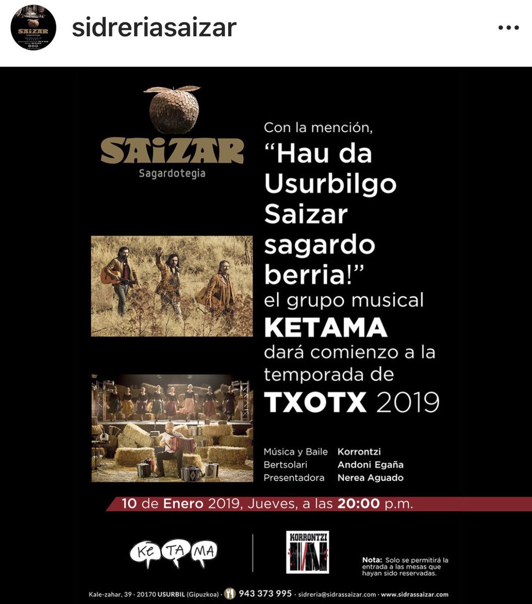 EL JUEVES <a href="/ketamaoficial/">Ketama Oficial</a> EN @Sidreria_Saizar EN PRESENTACION DE SU NUEVA GIRA !!! TXOTX 2019 dstaremos la <a href="/COFRADIADELTXU2/">COFRADIA DEL TXULETON</a> con <a href="/ICano7/">Iñaki Cano Jicy</a> <a href="/fernandoromay1/">fernandoromay</a> <a href="/PazosSergio/">sergio pazos</a> <a href="/aarongue7/">Aarón Guerrero</a> <a href="/albgranados/">Alberto Granados</a> <a href="/EstebanCapd/">ESTEBAN CAPDEVILA</a> <a href="/miguelortiz__/">Miguel ortiz</a> <a href="/JotaAbril/">Jota Abril</a> <a href="/xoseportas/">Jose Portas Garcia</a>