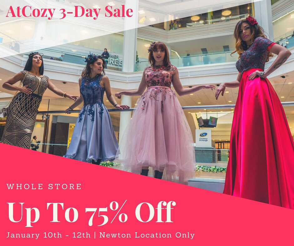 AtCoze_Dresses's tweet photo. FLASH SALE! From Jan 10th-12th enjoy up to 75% off the whole store! For only 3 days, receive discounts on dresses, blouses, shoes &amp; more. Plus, we are bringing in products exclusive to our @CopleyPlaceMA location! Sale only at 55F Union St, Newton Centre. Live Cozy. #AtCozy https://t.co/x6PgmXdvnm