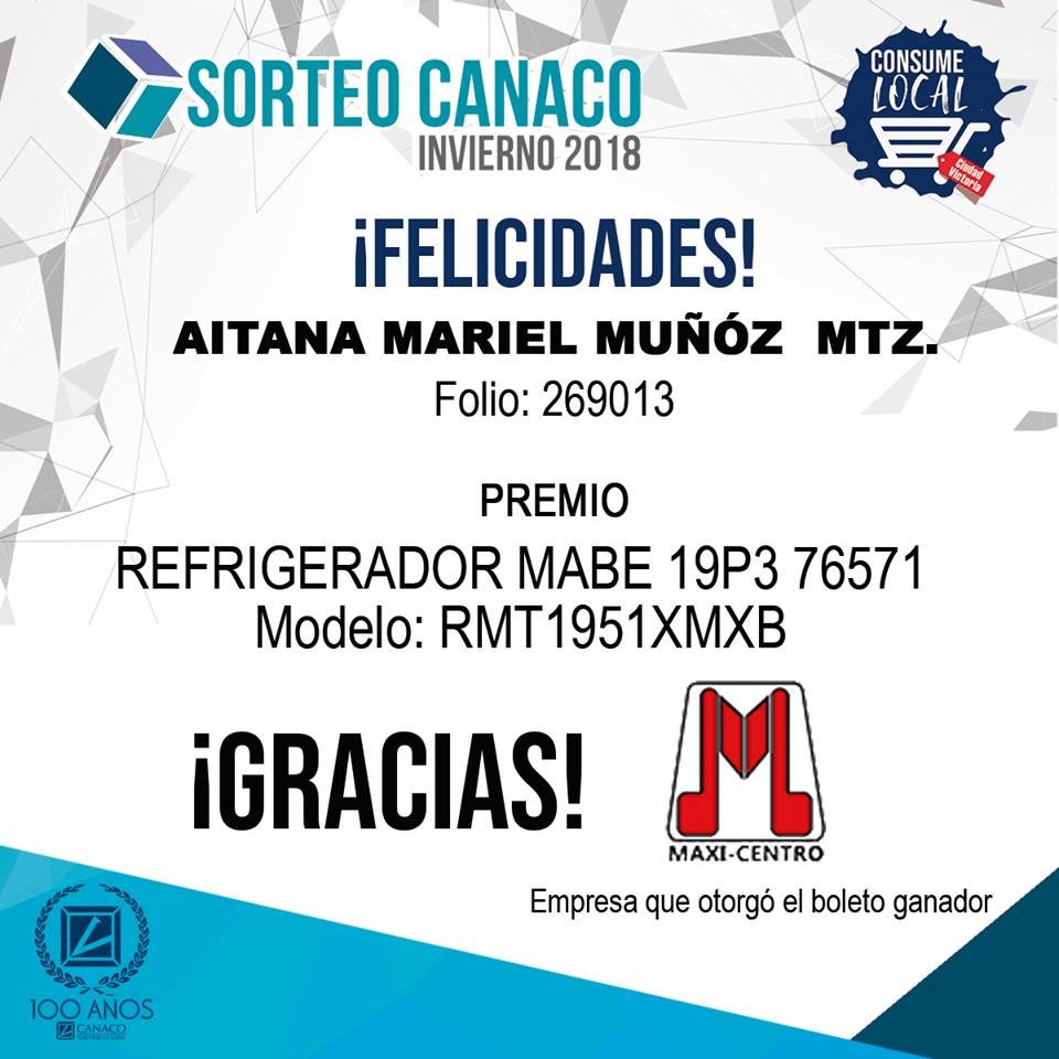 canacovictoria's tweet photo. FELICIDADES a la ganadora del 3er premio del Sorteo CANACO invierno 2018. 🙌🥳
Maxi Centro fue la empresa que otorgó el boleto ganador 🤝🙌
✨ Apoya el consumo local y ¡Juntos reactivemos la economía de nuestra ciudad!👏
🔈🔈#SorteoCanaco2018 #CANACOVictoria #ConsumeLocal✅✅ https://t.co/vhIKtgdYFv