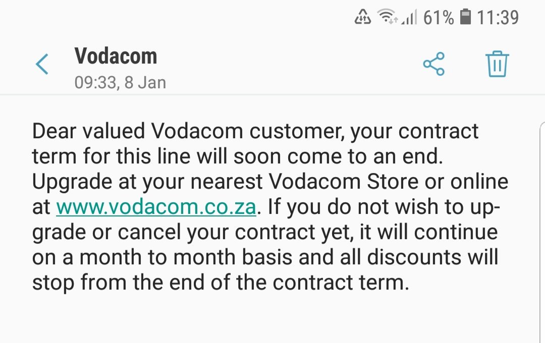 SmithAnni's tweet photo. @Vodacom Really guys, I am not an idiot. I went to one of your shops today and there is no fricking answer for this. My contract expires 2020 and then I get this sms today: your system obviously sucks! https://t.co/7g7W3OVPhJ