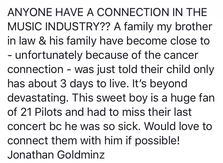 Momoftwoli's tweet photo. @twentyonepilots   A child’s last wish is to meet you. Please help https://t.co/uxMLliHwCA