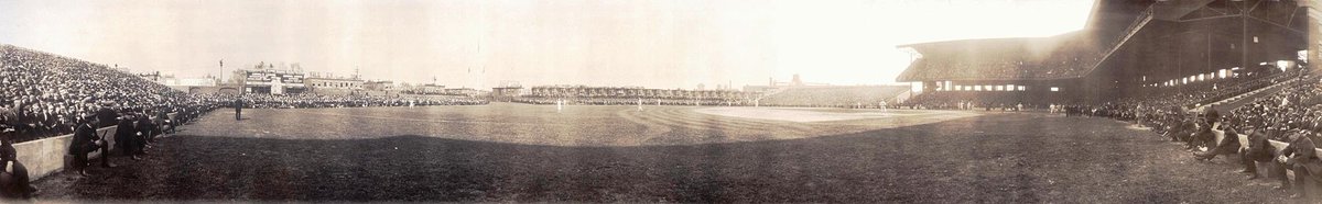 AlexCheremeteff's tweet photo. A panorama of Shibe Park, Philadelphia on October 18, 1910 as nearly 25,000 fans witness Game 2 of the World Series between the Philadelphia Athletics &amp; Chicago Cubs.

Behind the hitting of Eddie Collins and pitching of Jack Coombs, the Athletics routed the Cubs, 9-3. #Mackmen https://t.co/9Ii49z4PR1
