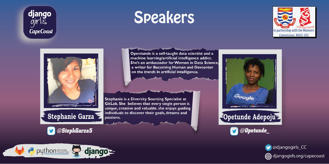 Django Girls Cape Coast (@djangogirls_cc) on Twitter photo Yay!!๐ We are excited to have <a href="/StephGarza5/">Steph Garza</a> speaking along side @opetunde_ who would be speaking to the participants of <a href="/djangogirls_CC/">Django Girls Cape Coast</a>
<a href="/StephGarza5/">Steph Garza</a> - is a Diversity Sourcing Specialist at <a href="/GitLab/">๐ฆ GitLab</a>
@opetunde_ is an ambassador for <a href="/WiDS_Conference/">Women in Data Science (WiDS) Conference</a>
#djangogirls #djangogirlscapecoast Yay!!๐ We are excited to have <a href="/StephGarza5/">Steph Garza</a> speaking along side @opetunde_ who would be speaking to the participants of <a href="/djangogirls_CC/">Django Girls Cape Coast</a>
<a href="/StephGarza5/">Steph Garza</a> - is a Diversity Sourcing Specialist at <a href="/GitLab/">๐ฆ GitLab</a>
@opetunde_ is an ambassador for <a href="/WiDS_Conference/">Women in Data Science (WiDS) Conference</a>
#djangogirls #djangogirlscapecoast