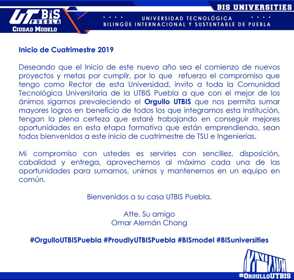 UTBISPuebla's tweet photo. Inicio de Cuatrimestre 2019
Bienvenidos a su casa UTBIS Puebla.
Atte. Su amigo Omar Alemán Chang
#OrgulloUTBISPuebla #ProudlyUTBISPuebla #BISmodel #BISuniversities https://t.co/Rzwc8fzKAf