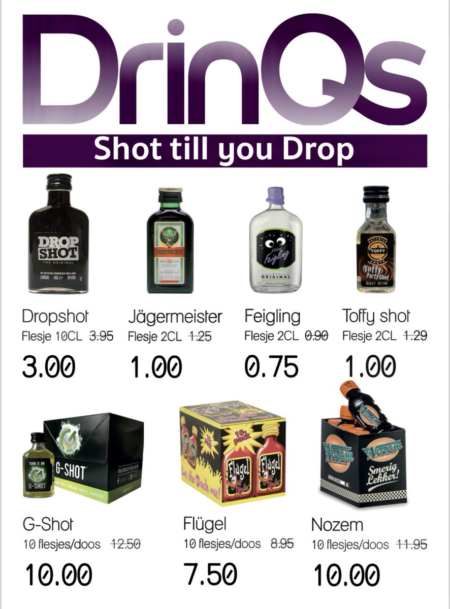 Dit is een kleine greep uit de aanbiedingen die we hebben verzonnen. Geen #DrinQs #winkel in de buurt? Bestel gewoon lekker #online via drinqs.nl 
(Daar vind je nog meer lekkere #shotables 💪🏻💪🏻)

#dropshot #jagermeister #feigling #toffyshot #g-shot #Flügel #Nozem