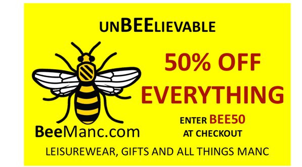 bee_manc's tweet photo. Simple..Yes 50% off Everything #buzzin #mug #bee #badge #tshirt #mint #sound #jumper #cufflinks #picture #cap #towel #manc #mancmade #manchester #mufc #mcfc #beemanc #50%OFF https://t.co/fMyYTxubZ8