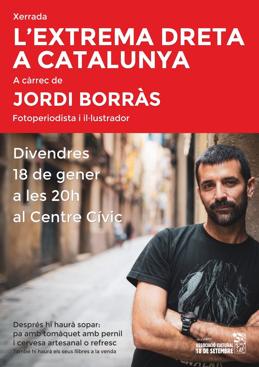 ASetembre's tweet photo. Divendres 18 de gener a les 20h a la Sala Polivalent del Centre Cívic de Cardona, xerrada sobre l'Extrema Dreta a Catalunya a càrrec del fotoperiodista Jordi Borràs.
Us hi esperem a totes! 
#extremadreta #païsoscatalans #jordiborràs #unitatcontraelfeixisme https://t.co/xO3hbnhZzQ