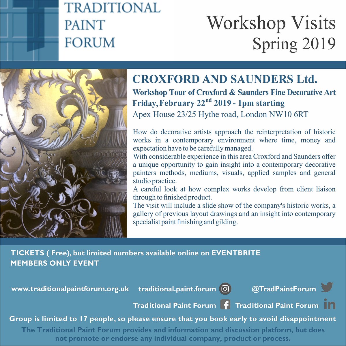 TradPaintForum's tweet photo. TRADITIONAL PAINT FORUM opens the New Year with the visit of Croxford and Saunders Ltd workshop!
Tickets (Members only) are available from Eventbrite link: https://t.co/S5MVfAEMDJ #traditionalpaintforum #skilledpainters #craftsmanship
https://t.co/QrDPhzjTHn https://t.co/W2wSkvBaU8