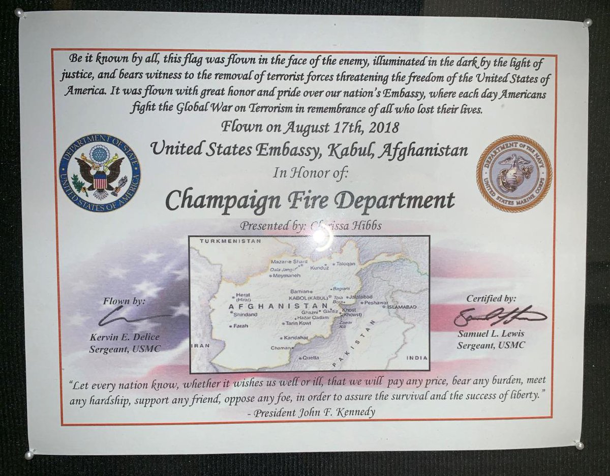 Champaign Fire Dept Pa Twitter Thank You Clarissa Hibbs For Honoring The Champaign Fire Department With An American Flag Flown Over The United States Embassy Kabul Afghanistan And For Your Dedicated Service