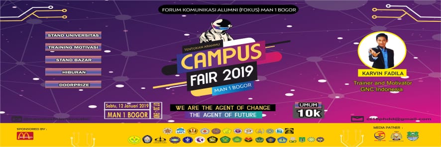 MANSABO'25 PROUDLY PRESENT
🎊CAMPUS FAIR MANSABO 2019🎊kembali hadir 

📅Sabtu, 12 Januari 2019
🕗08.00 WIB s/d selesai
📍MAN 1 BOGOR (MAN CIBINONG)
💰HTM 10K (selain siswa/i MAN 1 BOGOR)
🗣TERBUKA UNTUK UMUM

CP :
082299548289 (Yasin)
 0895361716238 (Mita)
Ig @campusfairmansabo