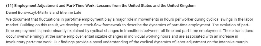 AbigailWozniak's tweet photo. This abstract from the new @AEAjournals Macro. More evidence connecting shifts from full to part-time work w/ same employer to hours adjustments over the business cycle. Interesting, and links to @rachelsederberg's JMP. https://t.co/hchKjY2r3u