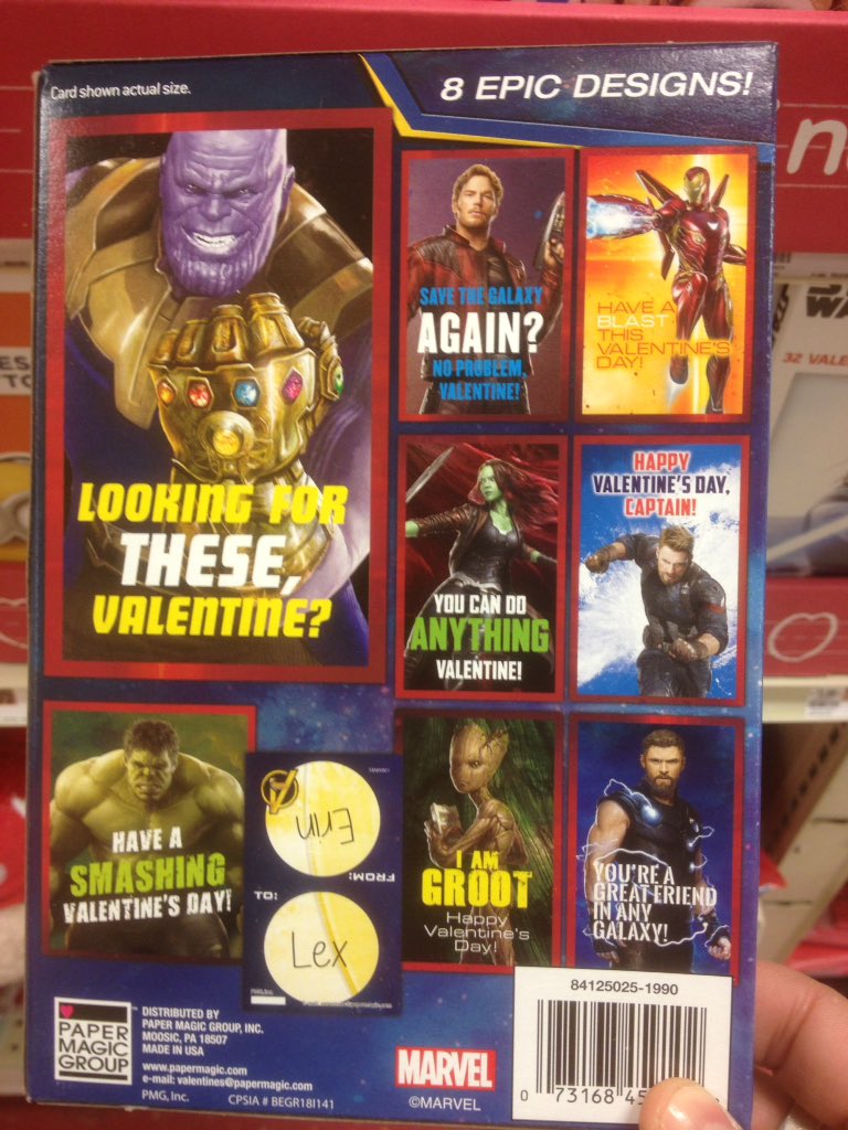 SanctumBlog's tweet photo. Seriously, @marvel, @disney & #papermagicgroup?
#InfinityWar valentines, & you include #THANOS?
What's the message?
"I can prove that I love you by sacrificing you to get what I want"?
But NO #DoctorSTRANGE?
"I have all the TIME for you"
or
"Ours is a 1 in 14+million love"
. https://t.co/fZKtDFoA7f
