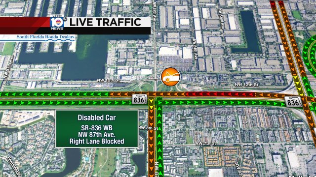 DISABLED CAR: SR-836 WB & NW 87th Ave. A right lane is blocked. #TRAFFIC https://t.co/pLfAfnBTfZ