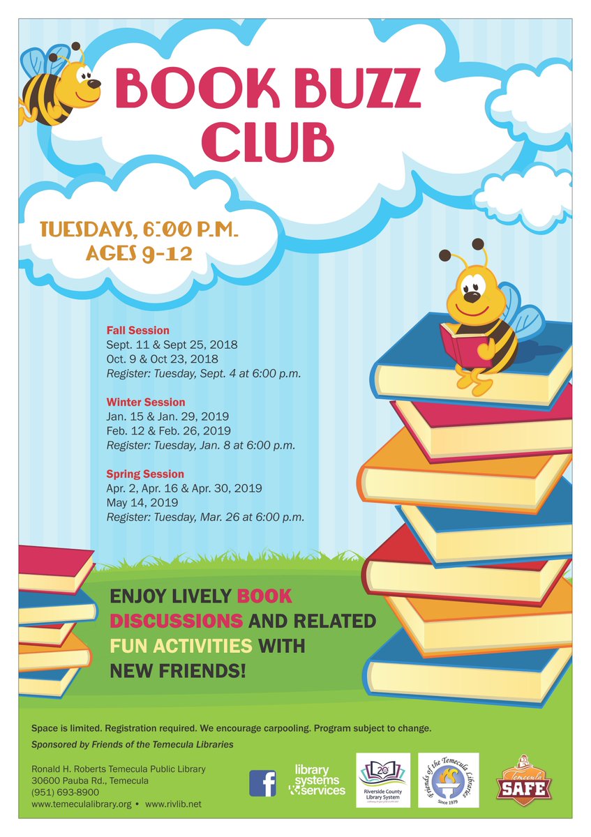 temeculalib's tweet photo. Get ready for our Winter Book Buzz registration!!! Registration starts today at 6:00 p.m! Ages 9-12.Enjoy lively book discussions and related fun activities with new friends! #BookBuzz #Reading #Club #TemeculaLibrary #RCLSTEM #TheGauntlet https://t.co/L2yooMtnAR