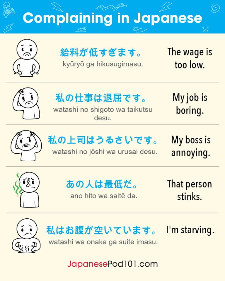 Master3Language's tweet photo. Complaining in Japanese
.
■Credits to JapanesePod101
https://t.co/3y3f5H0VGl
.
#japanese #hiragana #kanji #jfans #master3languages #learnjapanese #japaneseclass #japanesepod #japaneselesson #asianlanguages #polyglot #bilingual #foreignlanguage #languagelearning https://t.co/EggqUVN78O