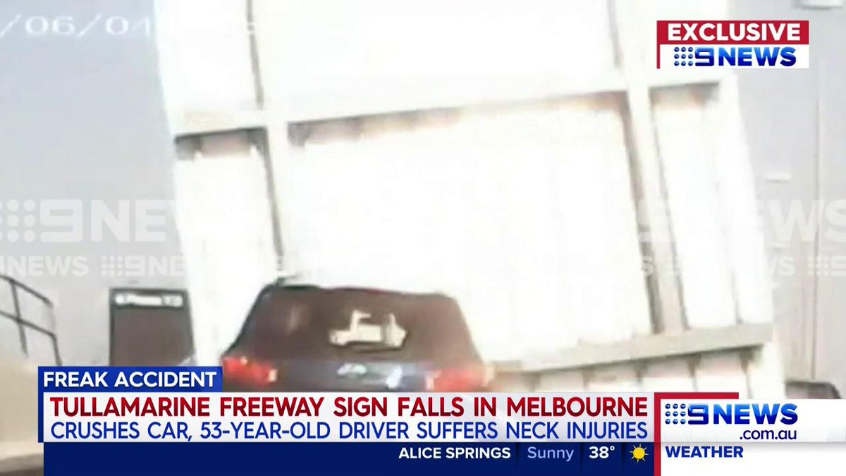 JUST IN: Exclusive vision of the moment a freeway sign came loose in Melbourne - crushing a passing car and injuring the woman behind the wheel. @LanaMurphy #9News