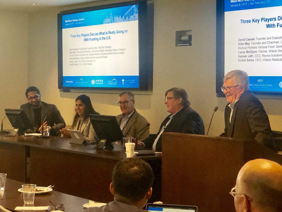 wilsonsonsini's tweet photo. #WSGR partner Casey McGlynn discusses early stage funding challenges for #medtech #startups w/ @DCassak (@MedTechStrat), Allan May #LifeScienceAngels, & Sameer Jafri & Surbhi Sarna (CEOs of @Revive_AED and #nVisionMedical, resp.) at the MedTech Startup Summit https://t.co/cKguiB0FO0