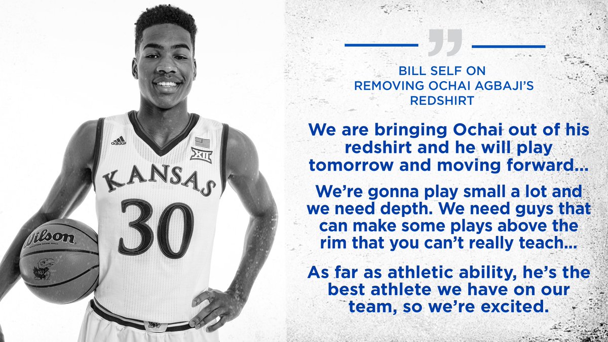 KUHoops's tweet image. .@CoachBillSelf announced tonight that freshman Ochai Agbaji (@youngoch) will drop his redshirt and is available to play tomorrow vs. TCU and the rest of the season. #KUbball