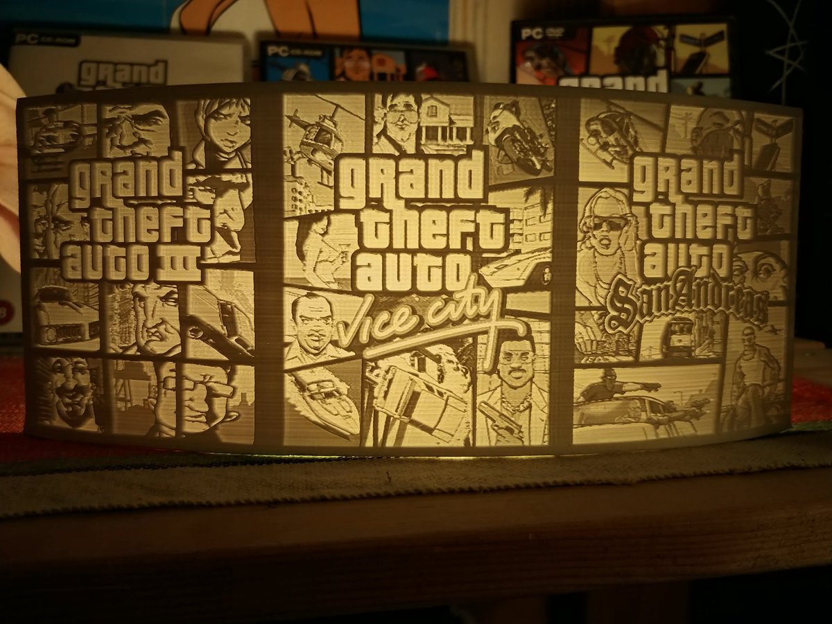 GermanScientist's tweet photo. Made this kickass 3D printed GTA III/VC/SA lithophane together with my brother... #GrandTheftAuto #GTA #3Dprinting @RockstarGames More pictures in the replies! https://t.co/rNprrsAcYX