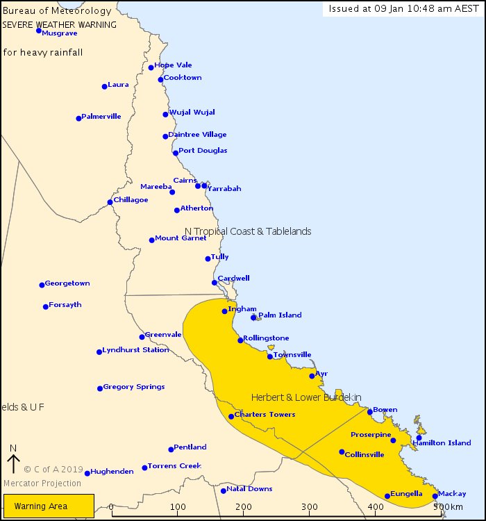 BOM_Qld's tweet photo. Ex-tropical #CyclonePenny is a weak tropical low near #Bowen. A Severe Weather Warning has been issued for locally heavy rainfall developing between #Mackay and #Ingham. View warnings at https://t.co/0effHs8hMp https://t.co/lkCZJDdzd3