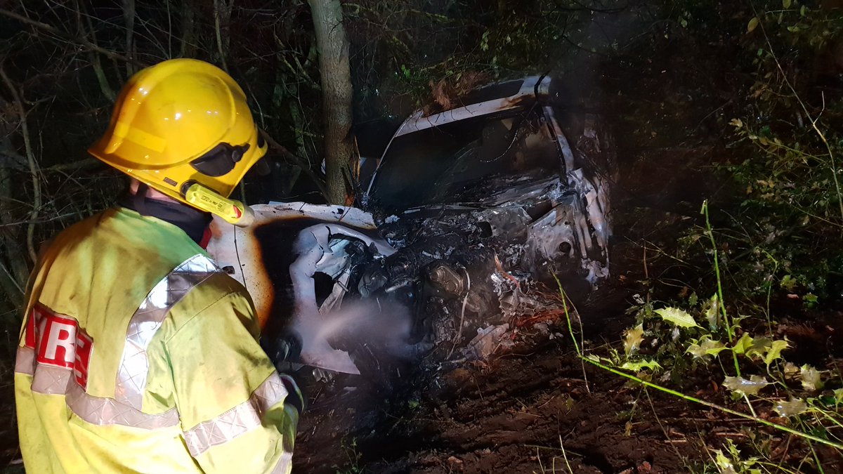 WMFSWestBrom's tweet photo. Just returned from this RTC with @HandsworthFire @ResponseWMP @OFFICIALWMAS where the car has left the road, down an embankment and caught fire 🚒🚓🚑 https://t.co/xvXNdfqPGI