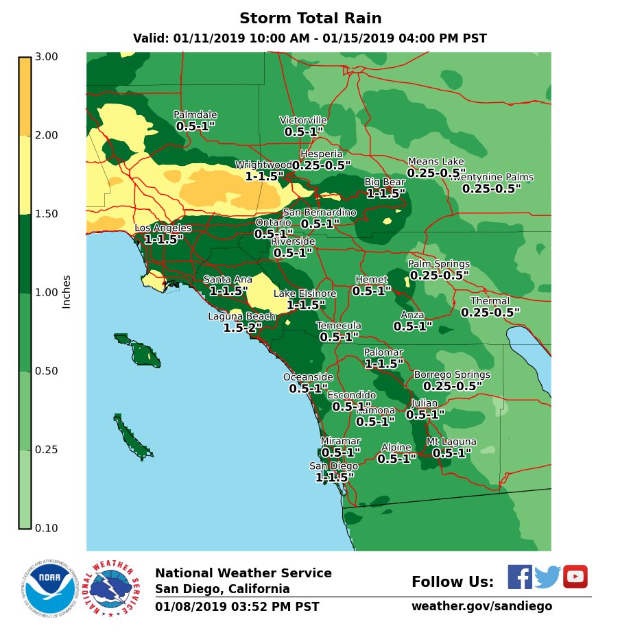 Here is the total forecast precipitation for 2 storms arriving - one Friday night through Saturday morning and another storm late Sunday-Tuesday. #cawx #socal