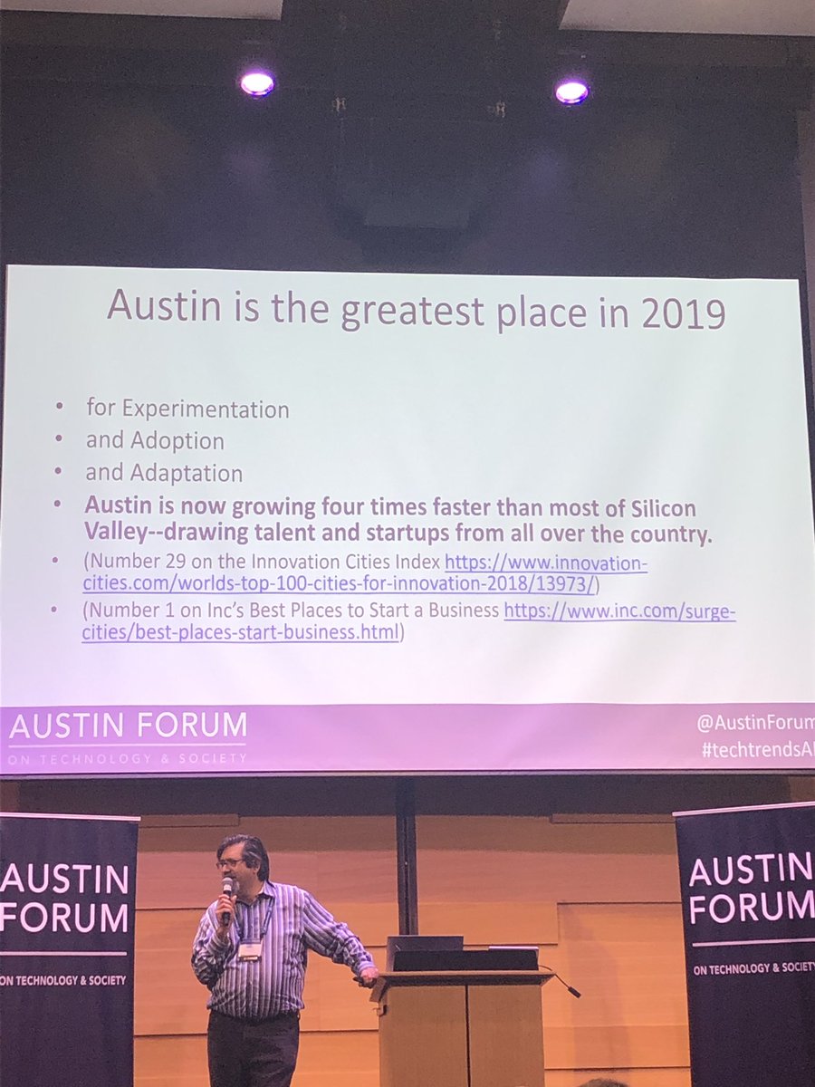 Austin is growing 4 times faster than Silicon Valley and is ranked as no. 1 best place to start a business by <a href="/Inc/">Inc.</a>: inc.com/surge-cities/b… <a href="/AustinForum/">The Austin Forum</a> #techtrendsAF #atxtech