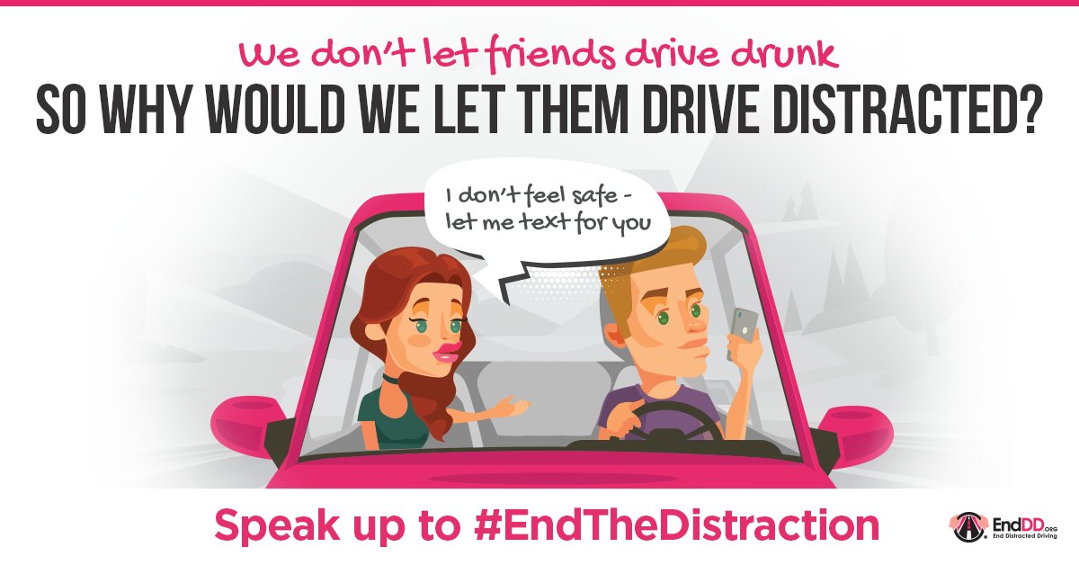 end_dd's tweet photo. We would stop our friends from driving drunk in a heartbeat -- so, why wouldn't we stop them from driving distracted? Both are deadly choices. A whopping 85% of drivers polled would avoid distractions if a loved one asked them to. It's that easy. #BePartoftheSolution #EndDD https://t.co/4Z0wVvrRtz