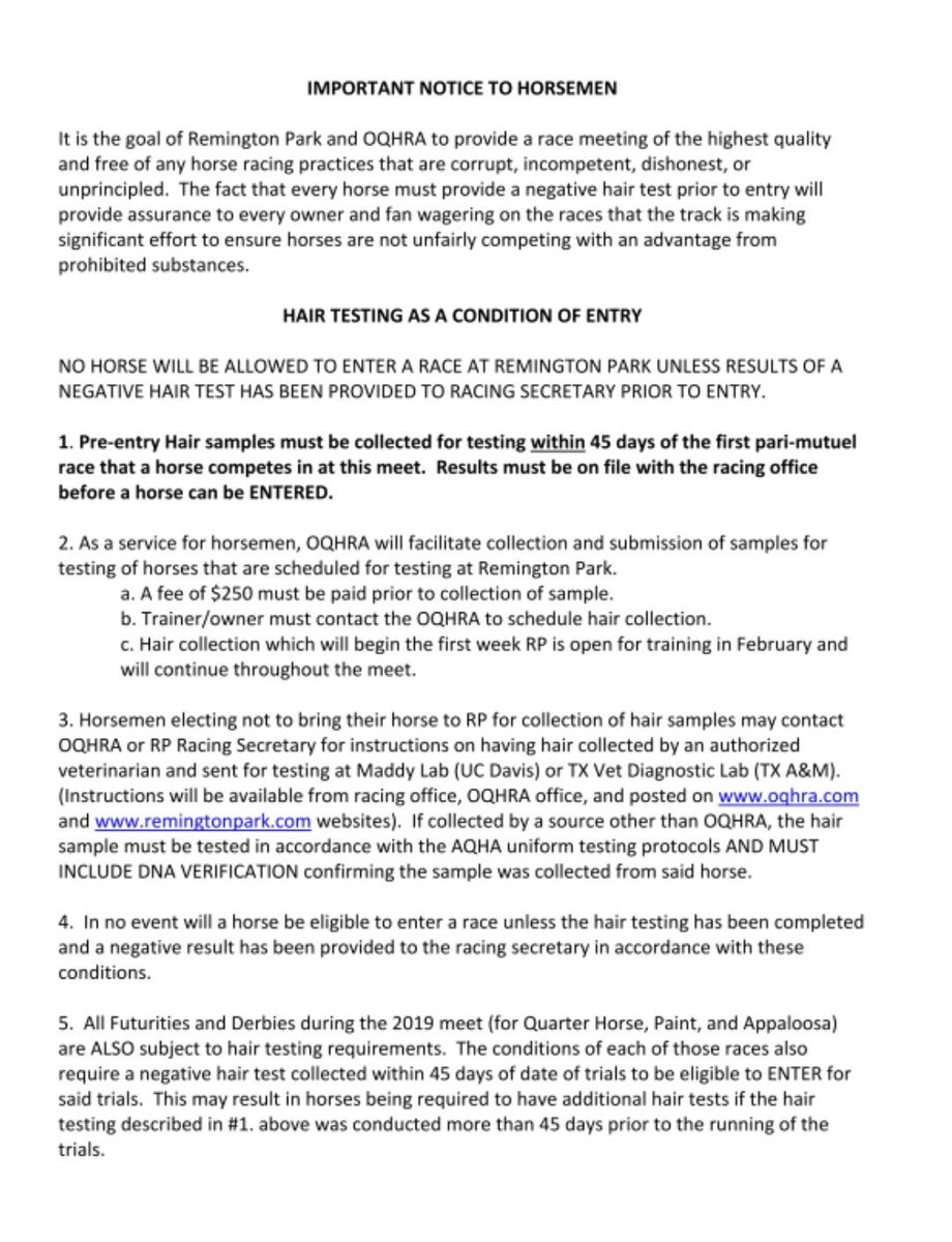 #OklahomaQuarterHorseRacingAssociation is holding a general horseman’s meeting at Heritage Place on Friday, January 18th at 8:00 a.m., prior to the start of session 1 of the #HeritagePlaceWinterMixedSale #RemingtonPark #HairTesting
