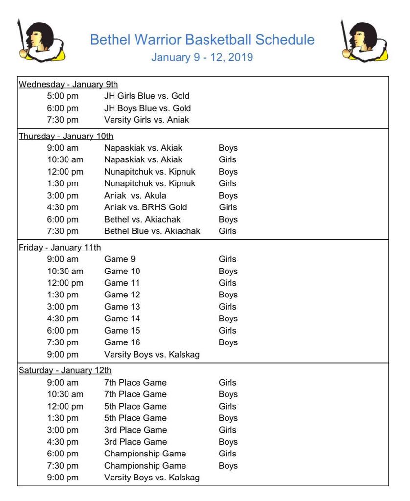 BRHSWarriors's tweet photo. Tomorrow @ 7:30 the varsity Lady Warriors will be playing against the Aniak Halfbreeds, also the VFW tournament starts Thursday morning, dress up in blue and gold to support the Warrior basketball team!🏀 https://t.co/ejvprPemKc