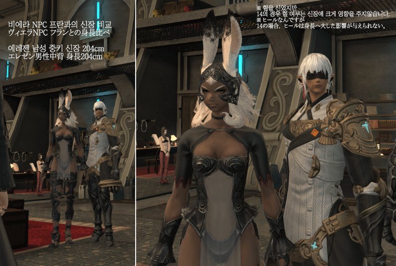 히류 ヒリュウ Ff14 4 5의 정보를 언급하고 있습니다 신규등장 Npc인 비에라 족의 프란과의 신장비교 비에라 족의 대략적인 신장을 추측 할 수 있습니다 新規登場npcの ヴィエラ族 のフランとの身長比べ ヴィエラ族の身長の大雑把な推測が