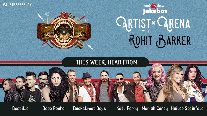 Rohit Barker (@rohitbarker) on Twitter photo The line up this week is impressive !!! Log onto to your <a href="/bookmyshow/">BookMyShow</a> app & head over to the <a href="/BMSJukebox/">BookMyShow Jukebox</a> to listen to the #ArtistArena and hear what <a href="/bastilledan/">Dan Smith</a> <a href="/BebeRexha/">Bebe Rexha</a> <a href="/backstreetboys/">Backstreet Boys</a> <a href="/katyperry/">KATY PERRY</a> <a href="/MariahCarey/">Mariah Carey</a> & <a href="/HaileeSteinfeld/">Hailee Steinfeld</a> have to say !! #JustPressPlay The line up this week is impressive !!! Log onto to your <a href="/bookmyshow/">BookMyShow</a> app & head over to the <a href="/BMSJukebox/">BookMyShow Jukebox</a> to listen to the #ArtistArena and hear what <a href="/bastilledan/">Dan Smith</a> <a href="/BebeRexha/">Bebe Rexha</a> <a href="/backstreetboys/">Backstreet Boys</a> <a href="/katyperry/">KATY PERRY</a> <a href="/MariahCarey/">Mariah Carey</a> & <a href="/HaileeSteinfeld/">Hailee Steinfeld</a> have to say !! #JustPressPlay