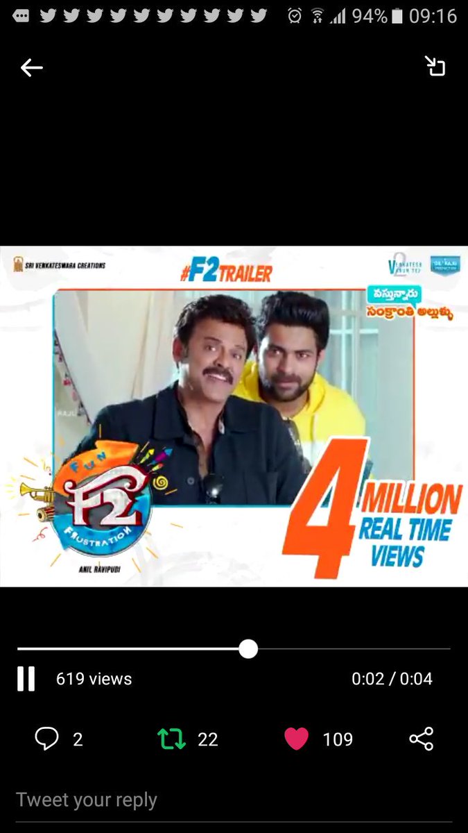 VenkySaketh143's tweet photo. 4 Million + Views Still counting
#F2Trailer
( less than 24 hours)
https://t.co/MYOSwlcDc5
బాగా ఎంజాయ్ చేస్తున్నారు గా ..
అంతేగా ... అంతేగా .
#F2Sankranthi
Jan 12th Release #VictoryVenkatesh #Venkatesh #Venky
@NagarajaReddyS
@SreekanthVenkyy https://t.co/Vfa2S2PL6p