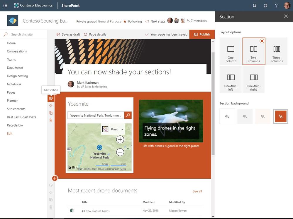 SharePoint's tweet photo. Modern pages support section background shading! Check it out: https://t.co/XQwBHG19JI https://t.co/K7J2Fn802O