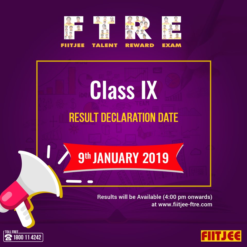 FiitjeeKohat's tweet photo. Class IX #Students who had appeared for #FTRE #examination will be able to check their respective #result from 9 January at the official website https://t.co/Inclo8hden. The result will be available at 4:00 PM onwards. #JEEMain #NTSE #KVPY #Olympiads #IIT #FTRE2018 #Scholarship https://t.co/6bxQgihzMg