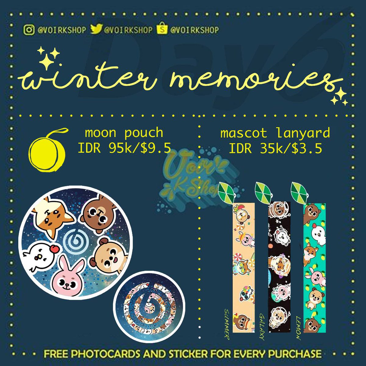 VoirKshop's tweet photo. [HELP RT]

VoirK's "Winter Memories"
Remain the beautiful memories, greet the new year, new spring with our new products🍃

❄ Pouch IDR95K / $9.5
❄ Lanyard SHORT IDR35K / $3.5
❄ Lanyard LONG IDR40K / $4

End PO: Jan 12th, 2019
#Day6 #Day6Pouch #Day6merchandise #PODay6 #wtsday6 https://t.co/SDyo6j5Qkx