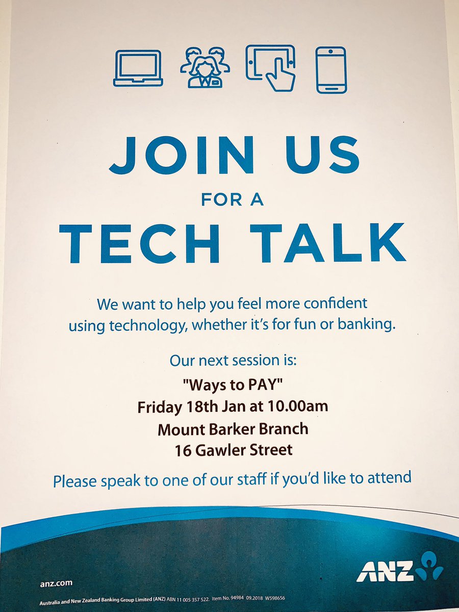 Need to learn more about all the ways you can make payments quickly &amp; securely online? Come to Mt Barker Branch next Friday at 10am for our second Tech Talk where I’ll show you the new and exciting ways to pay! <a href="/Howe2Frank/">Frank</a> <a href="/julie_grills/">Julie Grills</a> <a href="/ReichlCheree/">Cheree Reichl</a> <a href="/wilsonsaAnz/">Darren Wilson</a> <a href="/larissa_beeson/">Larissa Beeson</a>