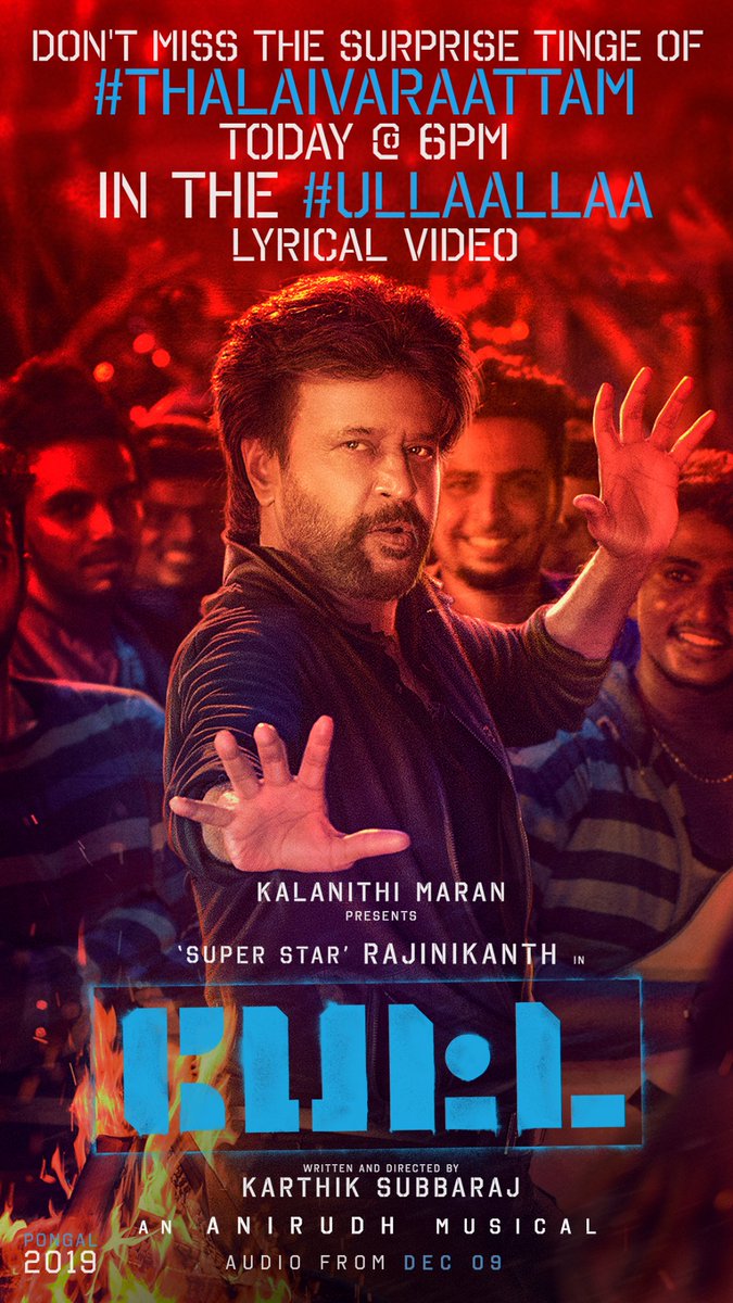 AnirudhVitala's tweet photo. Second single #Ullaallaa #Pettatracklist #Audiolaunch #PettaCharacterPosters #PettaFromTomorrow https://t.co/3Em7qkihld